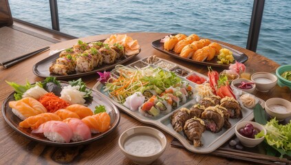 Assortment of flavored sushi rolls accompanied by a fresh salad, fiber-dense choice