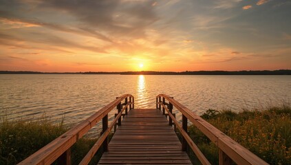 Fototapeta premium Sunset over the lake, serene view from a wooden bridge, seasonal change