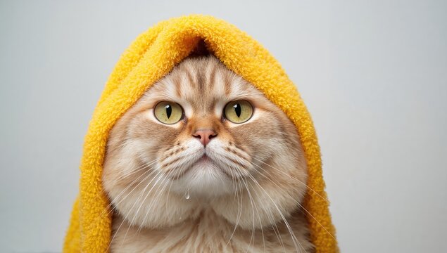 Portrait of a humorous feline draped in a yellow towel, showcasing a playful theme