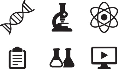 Scientific icons depicting biology chemistry and technology research exploration