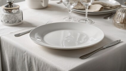 White Plate Set on a Tablecloth, ideal backdrop for culinary presentation