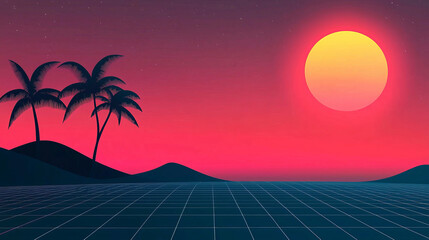 Neon sunset palm silhouette retro grid horizon calm