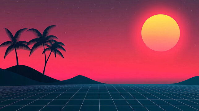 Neon sunset palm silhouette retro grid horizon calm