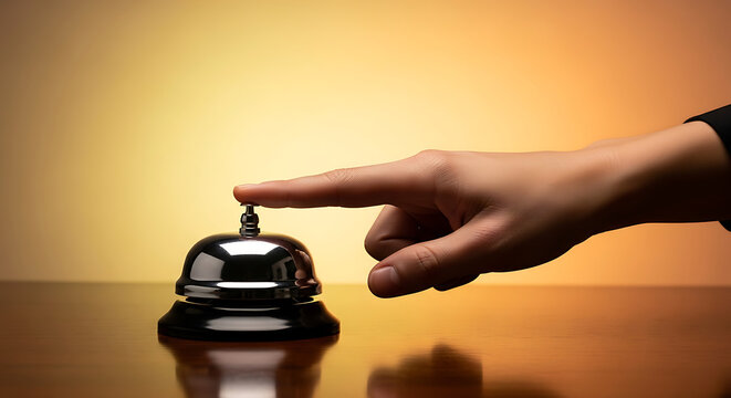 Close-up of a hand pressing a shiny silver bell on a wooden surface with a warm gradient background