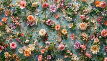 Obraz premium Multicolored floral wall backdrop, ideal for editorial header background