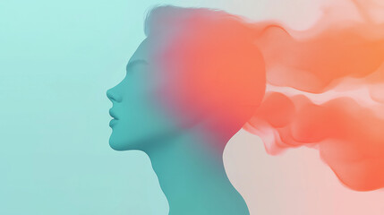 Abstract profile of female head with flowing colorful smoke and calm expression