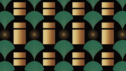 Seamless luxury Art Deco pattern, emerald green fans, metallic gold blocks, sunburst motifs, geometric symmetry, infinite repeat, 1920s elegant style, high-end decorative design.
