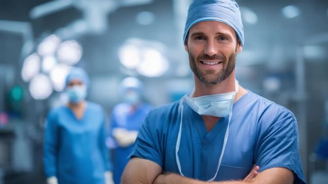 Smiling Surgeon in Operating Room: A confident surgeon stands in an operating room, radiating a sense of reassurance.