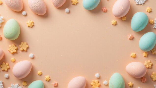 A colorful assortment of cookies and Easter eggs arranged against a lively backdrop, ideal for seasonal celebrations - Powered by Adobe