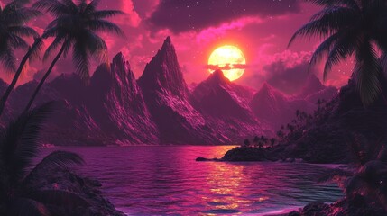 Vibrant sunset over pink mountains and calm ocean with palm trees.