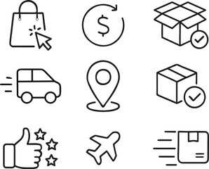 Delivery shopping and logistics icons a collection of modern line art symbols