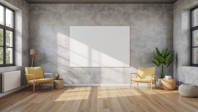 Interior of a modern concrete yoga studio featuring furniture and natural light, ideal for wellness practices