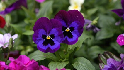 Vibrant purple and blue pansy flowers from hybridized Viola species blooming in an urban flower bed, seasonal change
