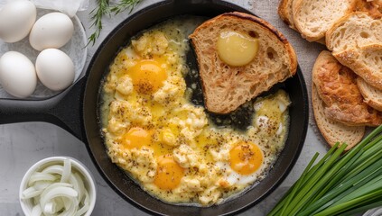 Ukrainian breakfast featuring scrambled eggs cooked in pork lard, served with bread and green onions, protein-rich meal