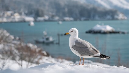 Obraz premium Seagull perched at Porteau Cove during winter, seasonal change