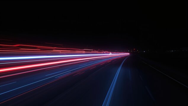 3D rendering of glowing neon lights in a dark environment, depicting high-speed motion blurs and futuristic technology