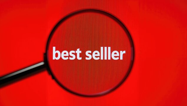 Red screen magnifying glass highlights text labeled as best seller, effective for editorial headers
