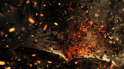 A charred, opened book explodes with fiery particles and billowing smoke against a dark backdrop