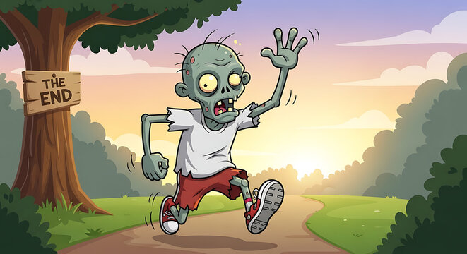 Cartoon zombie runner jogging outdoor path end sign sunset