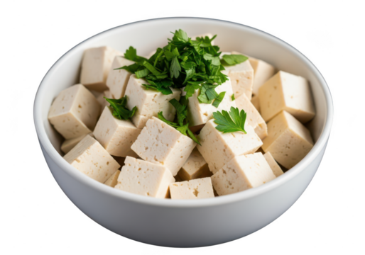 Cubed tofu with fresh parsley. Bowl of cubed tofu with fresh parsley garnish, isolated on white isolated on transparent background - Powered by Adobe
