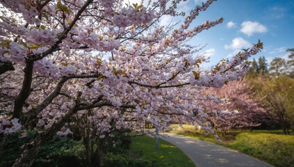 Sakura blossoms lining a park pathway, seasonal change, spring