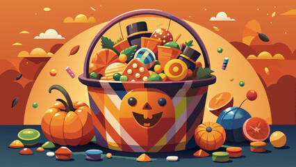 A basket overflowing with halloween themed sweets and treats