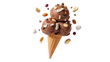 Delicious chocolate ice cream scoops topped with nuts and sprinkles in waffle cone, creating delightful treat for dessert lovers