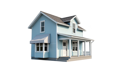 Charming blue house with porch, featuring striped awning and welcoming entrance. This cozy home embodies comfort and style