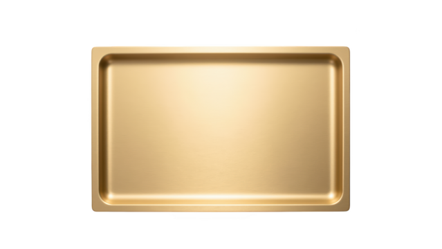 Elegant gold tray with smooth surface, perfect for serving or display. Its sleek design adds touch of luxury to any setting