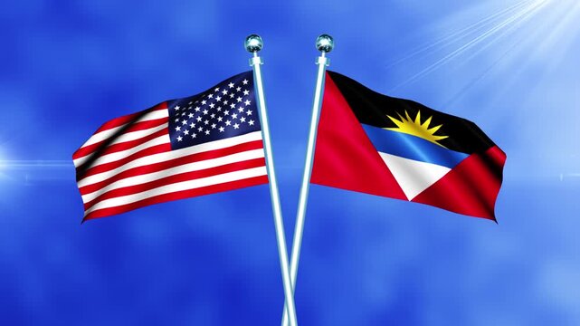 USA and Antigua and Barbuda Flag Waving On Pole Loop