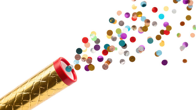 Festive party popper releases colorful confetti in various shapes and sizes, creating joyful atmosphere for celebrations