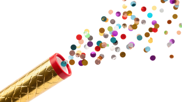 Festive party popper releases colorful confetti in various shapes and sizes, creating joyful atmosphere for celebrations