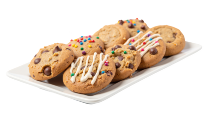 Delicious cookies with chocolate chips, colorful sprinkles, and icing arranged on white plate, perfect for dessert lovers