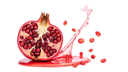 Juicy pomegranate with vibrant red seeds and splashing juice, showcasing freshness and health benefits