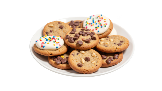 Delicious cookies with chocolate chips and colorful sprinkles arranged on white plate, perfect for any celebration or snack time