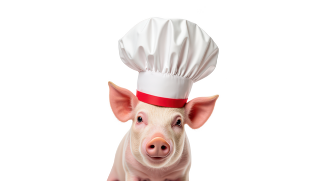 Cute pig wearing chef hat, showcasing playful and whimsical vibe. Perfect for culinary themes and animal illustrations