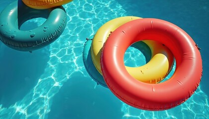 Various color swim rings float in pool water. Bright inflatable toys in pool for fun vacation. Rings on surface. Colorful swimming circles for summertime. Water reflects sun light. Sunny summer time.