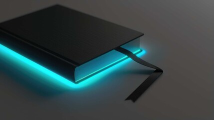 A closed, black book with a glowing cyan light surrounding it and a bookmark
