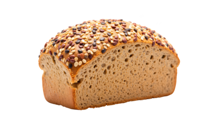 Freshly baked bread with golden crust and variety of seeds on top, showcasing soft interior and wholesome appearance
