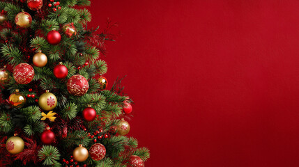 a Christmas tree with colorful decorations on a red background