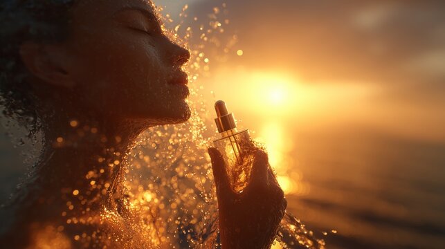 A woman holds a serum bottle in her hand, surrounded by splashes of water as the sunset creates a warm ambiance. The beautiful serum signifies hydration and rejuvenation in the sce
