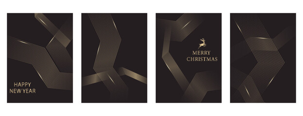 Merry Christmas and Happy New Year. Vector illustration templates for holiday greeting card, black background, website and social media banner, marketing material.