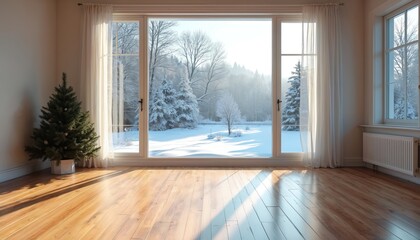Empty home interior room design features large window with snowy winter landscape outside. Bright sunlight fills bright empty space, highlights polished wood floor. Festive Christmas tree stands