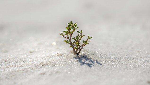 Macro photography of coastal plant life, showcasing a small tree on sandy shores, erosion risk - Powered by Adobe
