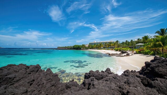 The tranquil beach with clear waters and volcanic scenery, a perfect backdrop for relaxation