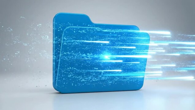 Animation of blue folder icon on white background showing digital data transfer and processing, concept for data storage, file sharing and information exchange solutions