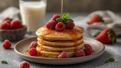 Sweet pancakes topped with raspberry, mint, and caramel, indulgent treat