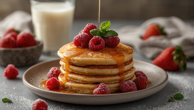 Sweet pancakes topped with raspberry, mint, and caramel, indulgent treat