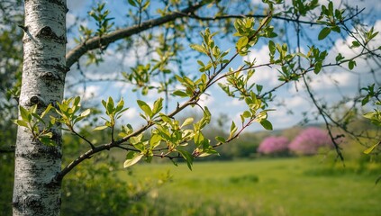Young birch tree leaves in early spring, symbolizing renewal and growth, Easter