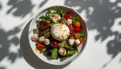 Italian salad featuring Burrata cheese and tomatoes, a protein-rich meal